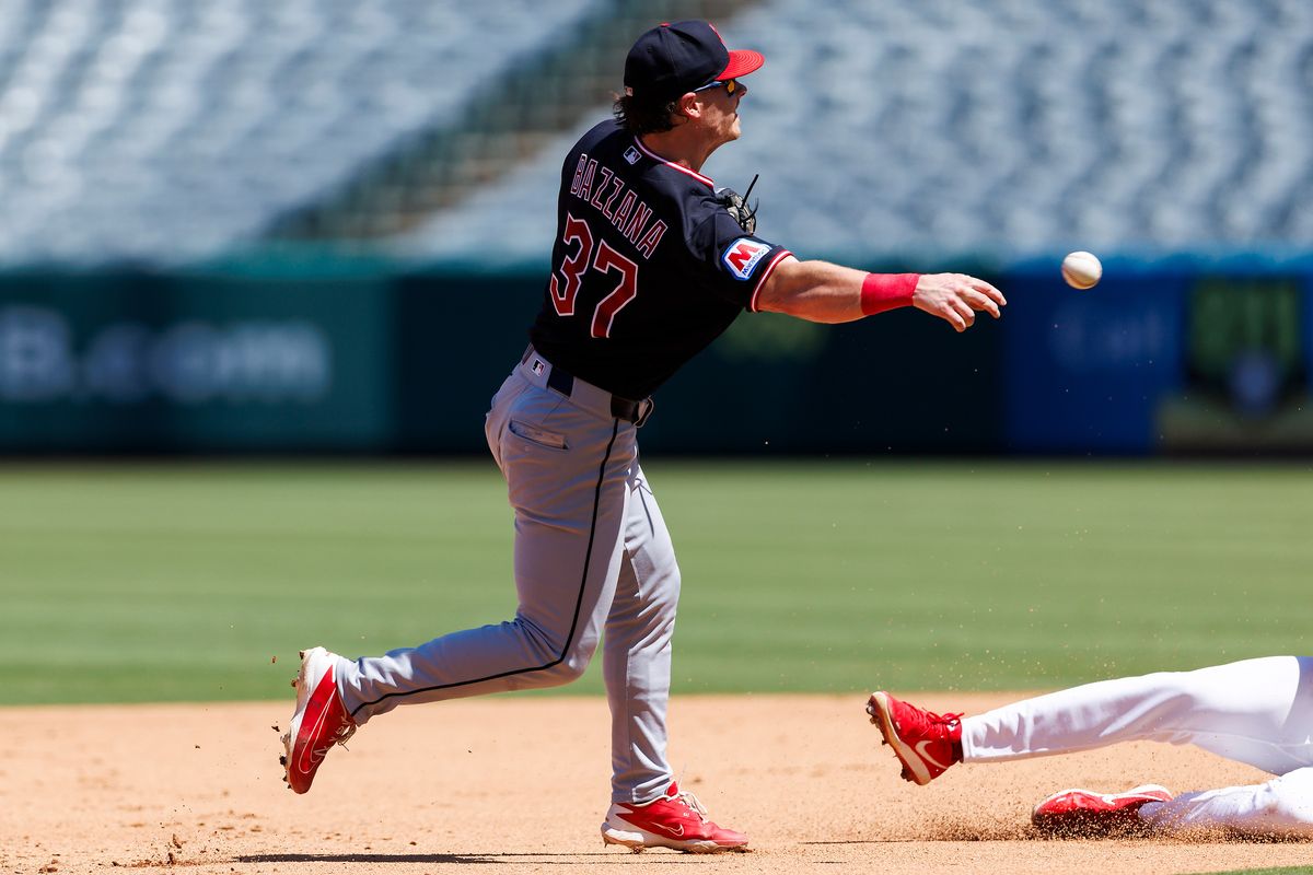 Travis Bazzana #37 of the Cleveland Guardians throws to first base during the game against the Los Angeles Angels at Angel Stadium of Anaheim on August 26, 2026 in Anaheim, California. Travis Bazzana #37 of the Cleveland Guardians throws to first base during the game against the Los Angeles Angels at Angel Stadium of Anaheim on August 26, 2026 in Anaheim, California.