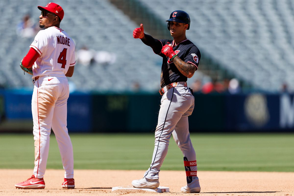 Brayan Rocchio #4 of the Cleveland Guardians celebrates a double during the game against the Los Angeles Angels at Angel Stadium of Anaheim on August 26, 2026 in Anaheim, California. Brayan Rocchio #4 of the Cleveland Guardians celebrates a double during the game against the Los Angeles Angels at Angel Stadium of Anaheim on August 26, 2026 in Anaheim, California.