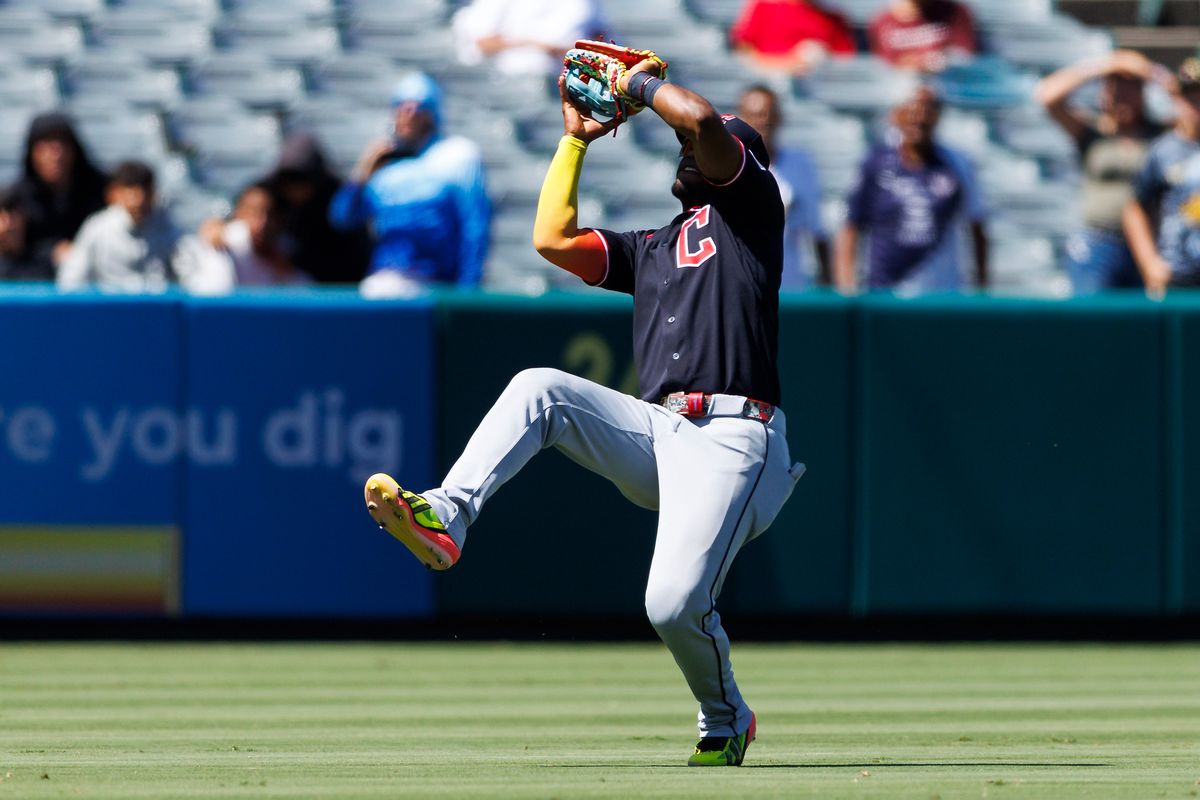 Angel Martinez #1 of the Cleveland Guardians catches a fly ball during the game against the Los Angeles Angels at Angel Stadium of Anaheim on August 26, 2026 in Anaheim, California. Angel Martinez #1 of the Cleveland Guardians catches a fly ball during the game against the Los Angeles Angels at Angel Stadium of Anaheim on August 26, 2026 in Anaheim, California.