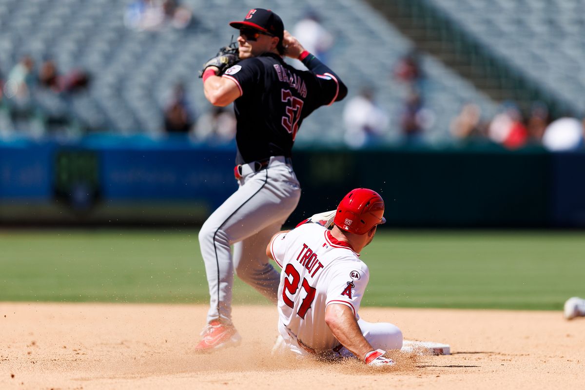 Mike Trout #27 of the Los Angeles Angels slides into second base during the game against the Cleveland Guardians at Angel Stadium of Anaheim on August 26, 2026 in Anaheim, California. Mike Trout #27 of the Los Angeles Angels slides into second base during the game against the Cleveland Guardians at Angel Stadium of Anaheim on August 26, 2026 in Anaheim, California.
