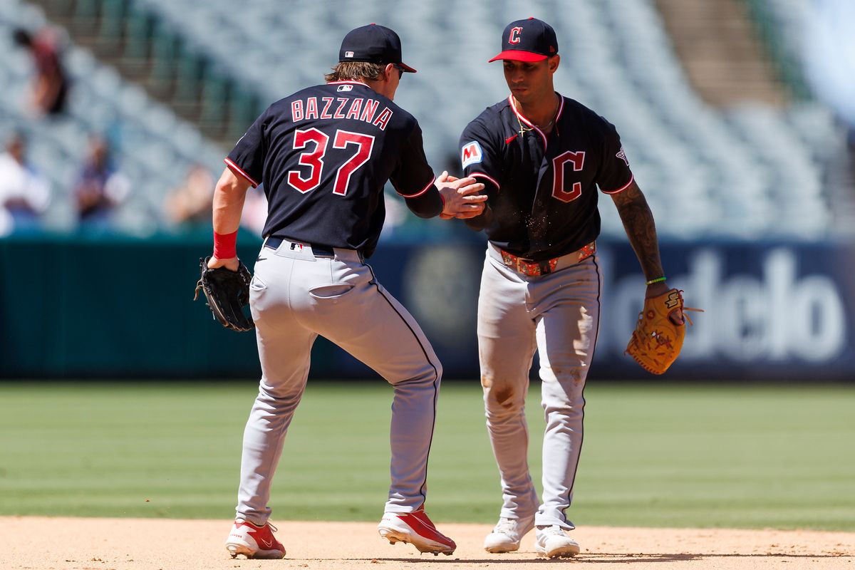 Travis Bazzana #37 of the Cleveland Guardians celebrates with Brayan Rocchio #4 of the Cleveland Guardians during the game against the Los Angeles Angels at Angel Stadium of Anaheim on August 26, 2026 in Anaheim, California. Travis Bazzana #37 of the Cleveland Guardians celebrates with Brayan Rocchio #4 of the Cleveland Guardians during the game against the Los Angeles Angels at Angel Stadium of Anaheim on August 26, 2026 in Anaheim, California.