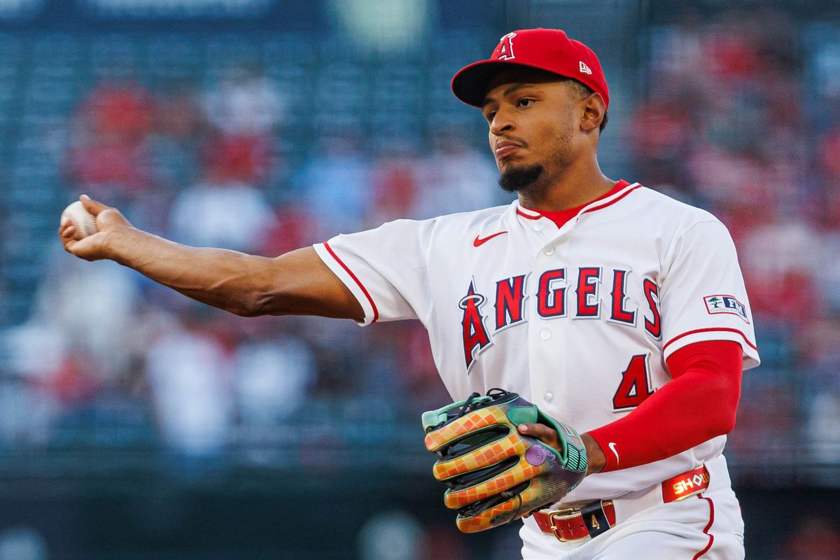 Christian Moore #4 of the Los Angeles Angels throws the ball during an MLB game against the Philadelphia Phillies on August 28, 2026 at Angel Stadium in Anaheim, California. Christian Moore #4 of the Los Angeles Angels throws the ball during an MLB game against the Philadelphia Phillies on August 28, 2026 at Angel Stadium in Anaheim, California.