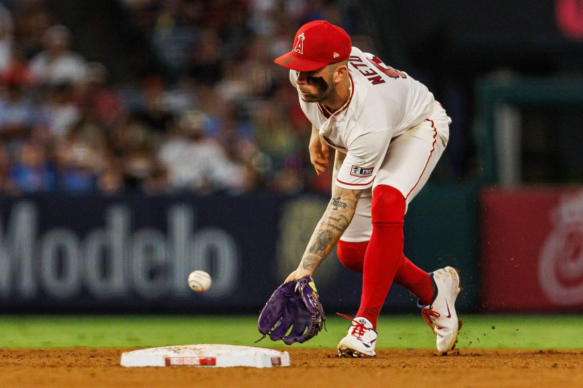 Zach Neto #9 of the Los Angeles Angels catches a line drive during an MLB game against the Philadelphia Phillies on August 28, 2026 at Angel Stadium in Anaheim, California. Zach Neto #9 of the Los Angeles Angels catches a line drive during an MLB game against the Philadelphia Phillies on August 28, 2026 at Angel Stadium in Anaheim, California.