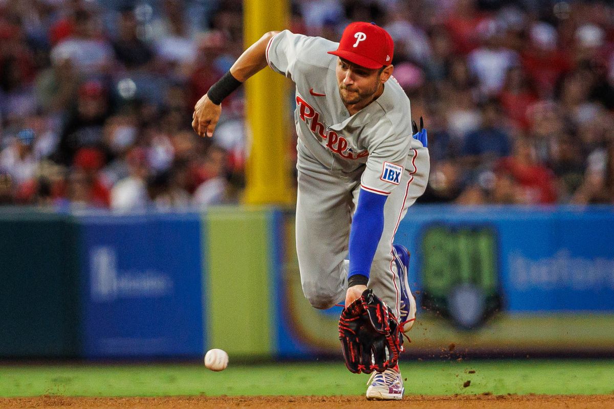 Trea Turner #7 of the Philadelphia Phillies fields the ball during an MLB game against the Los Angeles Angels on August 28, 2026 at Angel Stadium in Anaheim, California. Trea Turner #7 of the Philadelphia Phillies fields the ball during an MLB game against the Los Angeles Angels on August 28, 2026 at Angel Stadium in Anaheim, California.