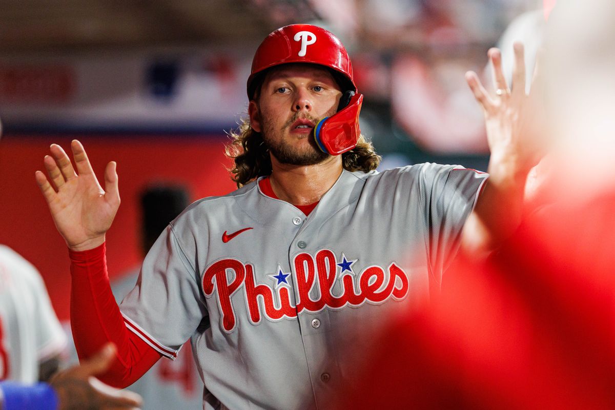 Alec Bohm #28 of the Philadelphia Phillies is welcomed after scoring a run during an MLB game against the Los Angeles Angels on August 28, 2026 at Angel Stadium in Anaheim, California. Alec Bohm #28 of the Philadelphia Phillies is welcomed after scoring a run during an MLB game against the Los Angeles Angels on August 28, 2026 at Angel Stadium in Anaheim, California.