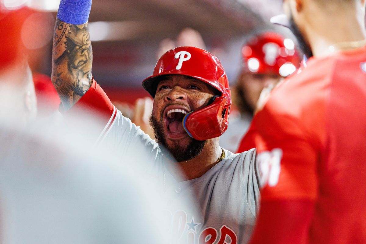 Edmundo Sosa #33 of the Philadelphia Phillies is welcomed after hitting a grand slam during an MLB game against the Los Angeles Angels on August 28, 2026 at Angel Stadium in Anaheim, California. Edmundo Sosa #33 of the Philadelphia Phillies is welcomed after hitting a grand slam during an MLB game against the Los Angeles Angels on August 28, 2026 at Angel Stadium in Anaheim, California.