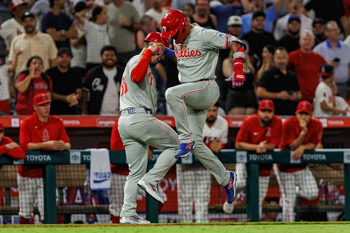 Edmundo Sosa #33 of the Philadelphia Phillies is celebrates after hitting a grand slam during an MLB game against the Los Angeles Angels on August 28, 2026 at Angel Stadium in Anaheim, California. Edmundo Sosa #33 of the Philadelphia Phillies is celebrates after hitting a grand slam during an MLB game against the Los Angeles Angels on August 28, 2026 at Angel Stadium in Anaheim, California.