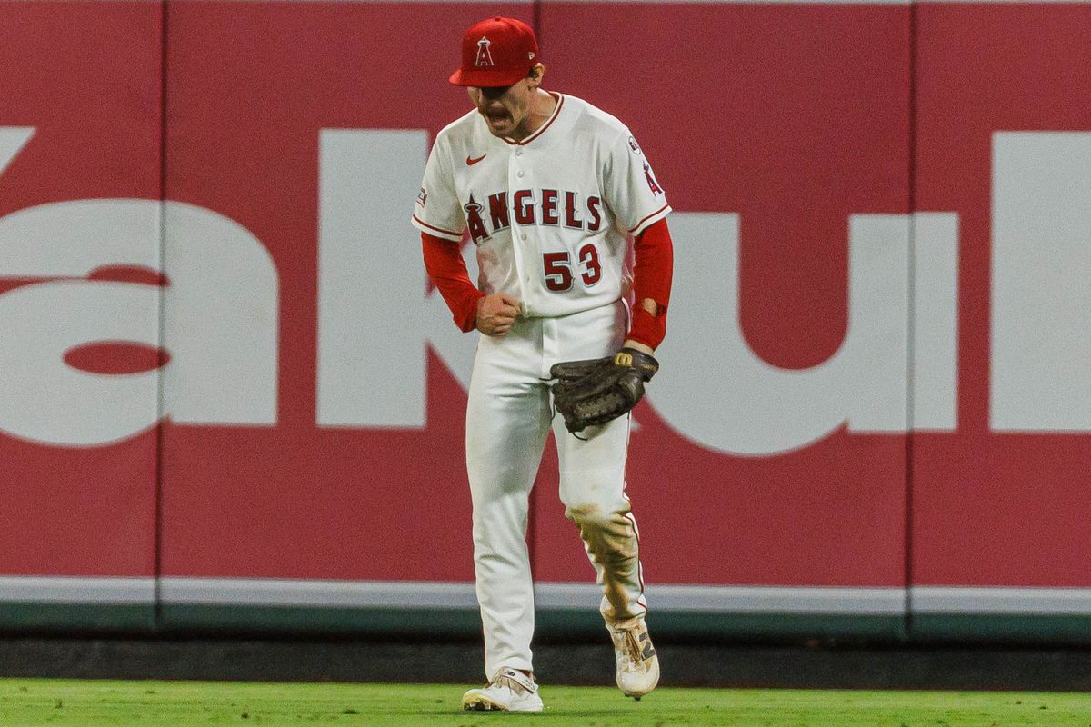Wade Meckler #53 of the Los Angeles Angels celebrates after robbing a home run during an MLB game against the Philadelphia Phillies on August 28, 2026 at Angel Stadium in Anaheim, California. Wade Meckler #53 of the Los Angeles Angels celebrates after robbing a home run during an MLB game against the Philadelphia Phillies on August 28, 2026 at Angel Stadium in Anaheim, California.