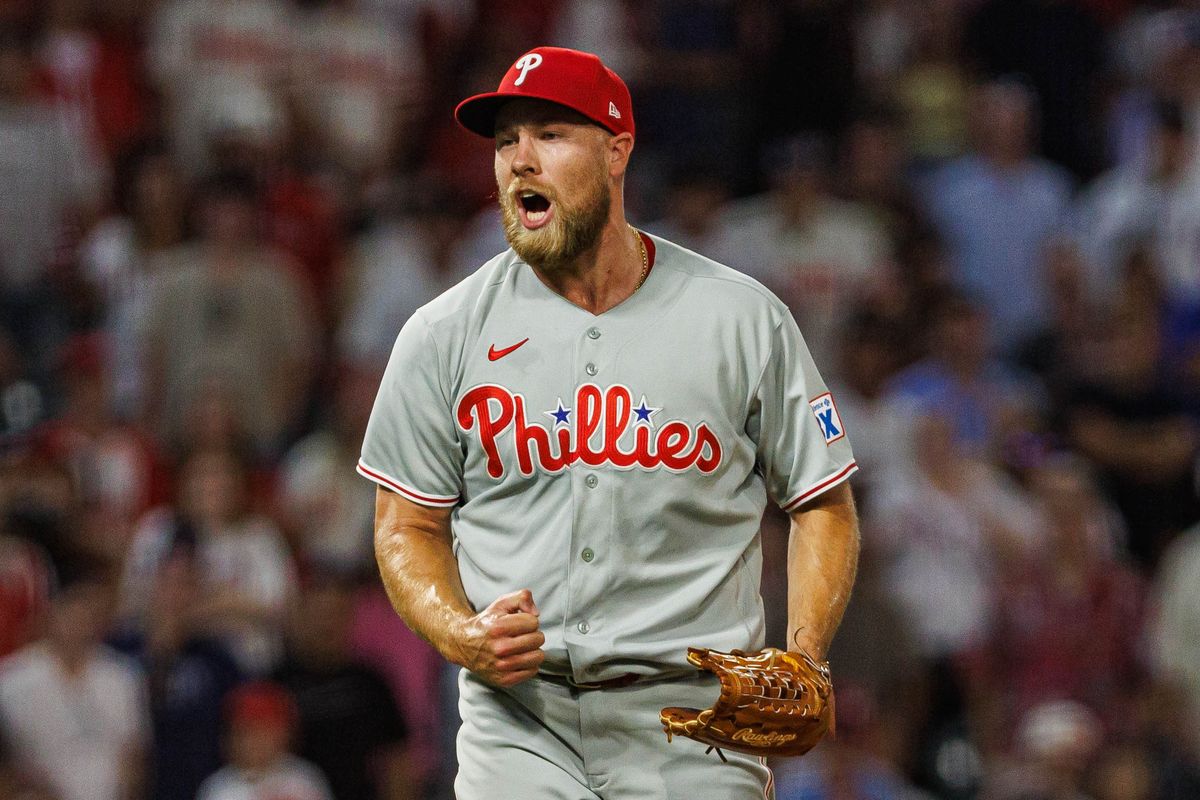 Jonathan Bowlan #52 #33 of the Philadelphia Phillies celebrates after the game ending strikeout during an MLB game against the Los Angeles Angels on August 28, 2026 at Angel Stadium in Anaheim, California. Jonathan Bowlan #52 #33 of the Philadelphia Phillies celebrates after the game ending strikeout during an MLB game against the Los Angeles Angels on August 28, 2026 at Angel Stadium in Anaheim, California.