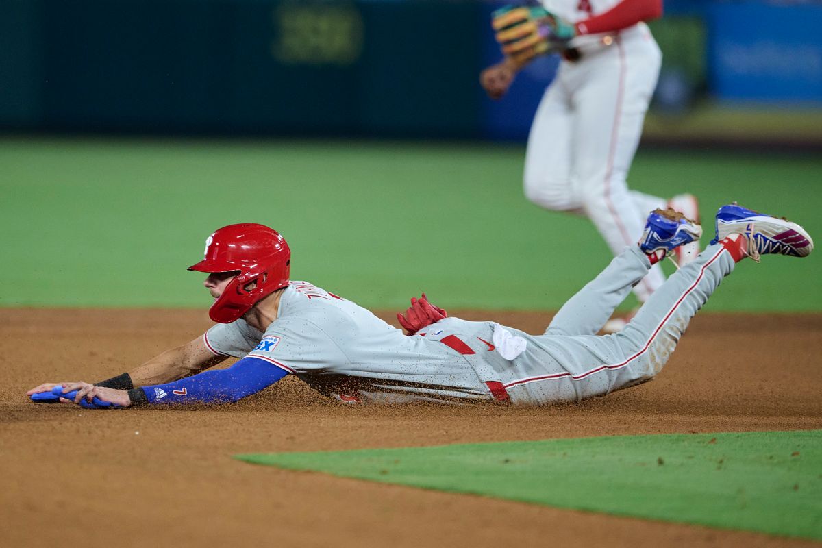 The Philadelphia Phillies Trea Turner #7 slides into second during an MLB game against The Los Angeles Angels on August 29th, 2026 at Angel Stadium in Anaheim, California. The Philadelphia Phillies Trea Turner #7 slides into second during an MLB game against The Los Angeles Angels on August 29th, 2026 at Angel Stadium in Anaheim, California.