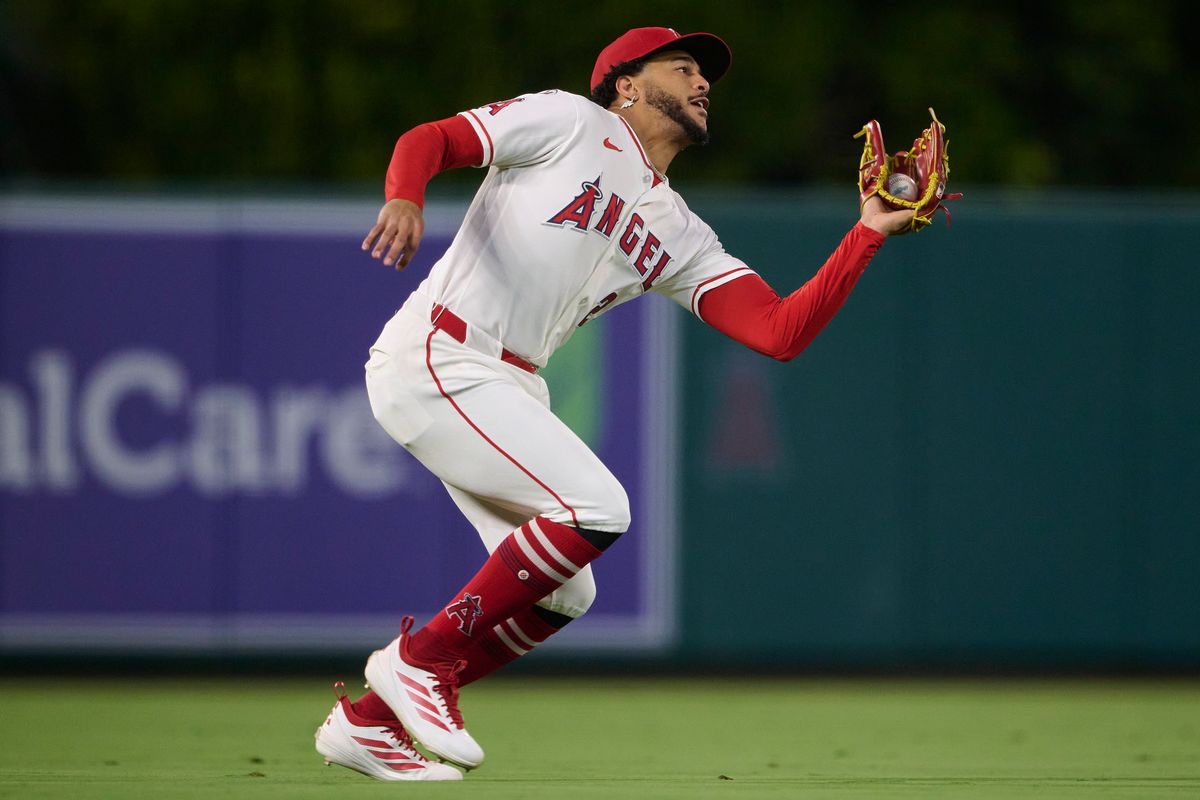 The Los Angeles Angels Jose Siri #28 catches a fly ball during an MLB game against The Philadelphia Phillies on August 29th, 2026 at Angel Stadium in Anaheim, California. The Los Angeles Angels Jose Siri #28 catches a fly ball during an MLB game against The Philadelphia Phillies on August 29th, 2026 at Angel Stadium in Anaheim, California.