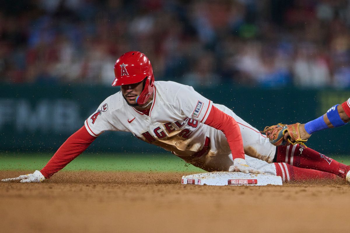The Los Angeles Angels Jose Siri #28 safe at second during an MLB game against The Philadelphia Phillies on August 29th, 2026 at Angel Stadium in Anaheim, California. The Los Angeles Angels Jose Siri #28 safe at second during an MLB game against The Philadelphia Phillies on August 29th, 2026 at Angel Stadium in Anaheim, California.