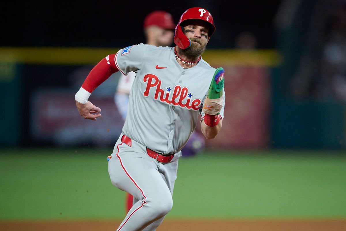 The Philadelphia Phillies Bryce Harper #3 runs to third during an MLB game against The Los Angeles Angels on August 29th, 2026 at Angel Stadium in Anaheim, California. The Philadelphia Phillies Bryce Harper #3 runs to third during an MLB game against The Los Angeles Angels on August 29th, 2026 at Angel Stadium in Anaheim, California.