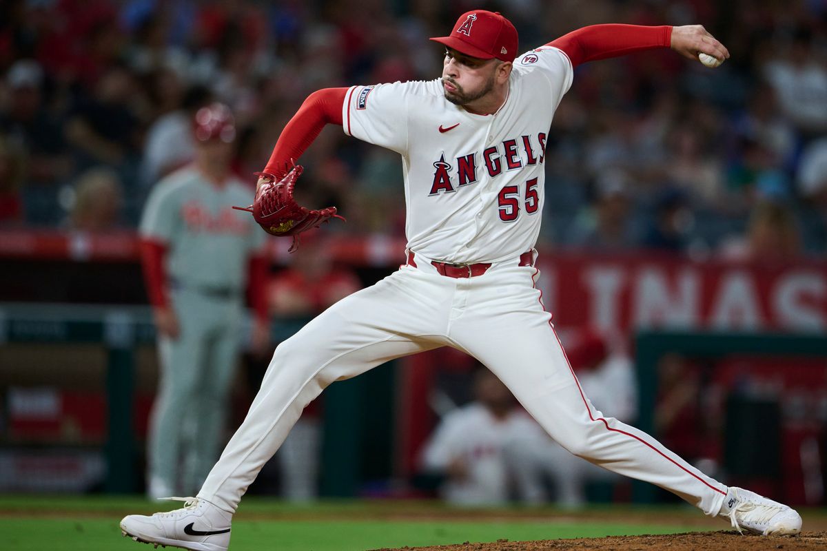 The Los Angeles Angels Tayler Saucedo #55 pitches during an MLB game against The Philadelphia Phillies on August 29th, 2026 at Angel Stadium in Anaheim, California. The Los Angeles Angels Tayler Saucedo #55 pitches during an MLB game against The Philadelphia Phillies on August 29th, 2026 at Angel Stadium in Anaheim, California.