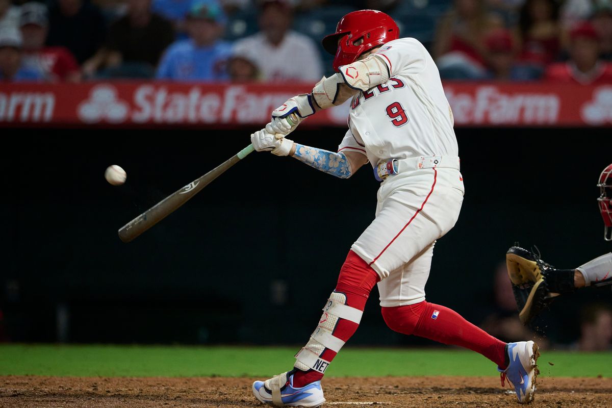 The Los Angeles Angels Zach Neto #9 hits a home run during an MLB game against The Philadelphia Phillies on August 29th, 2026 at Angel Stadium in Anaheim, California. The Los Angeles Angels Zach Neto #9 hits a home run during an MLB game against The Philadelphia Phillies on August 29th, 2026 at Angel Stadium in Anaheim, California.