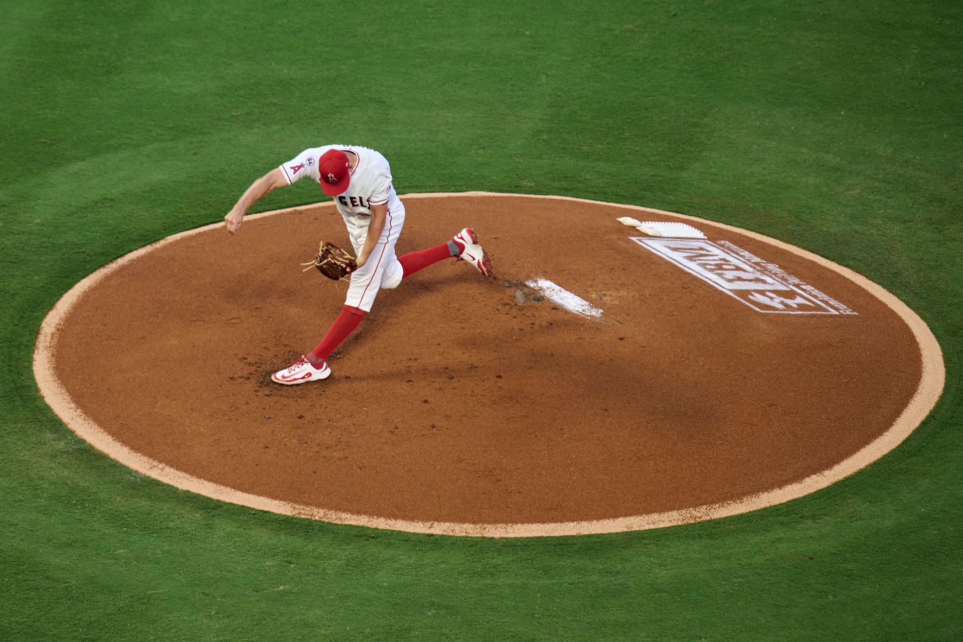 The Los Angeles Angels Ryan Johnson #32 pitches during an MLB game against The Philadelphia Phillies on August 29th, 2026 at Angel Stadium in Anaheim, California.