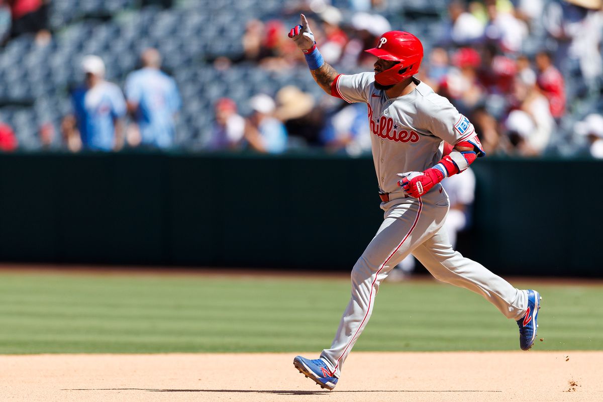 Edmundo Sosa #33 of the Philadelphia Phillies celebrates a home run during the game against the Los Angeles Angels at Angel Stadium of Anaheim on August 30, 2026 in Anaheim, California. Edmundo Sosa #33 of the Philadelphia Phillies celebrates a home run during the game against the Los Angeles Angels at Angel Stadium of Anaheim on August 30, 2026 in Anaheim, California.