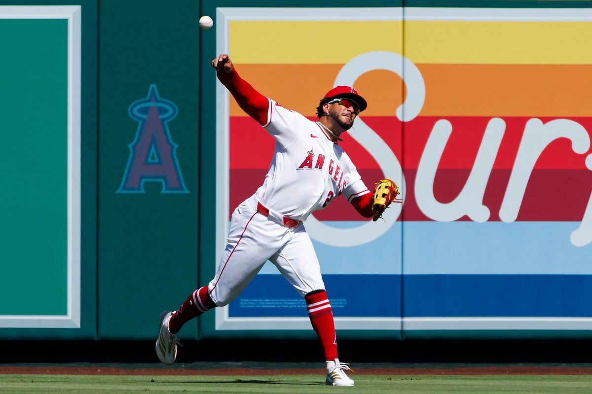 Jose Siri #28 of the Los Angeles Angels throws during the game against the Philadelphia Phillies at Angel Stadium of Anaheim on August 30, 2026 in Anaheim, California. Jose Siri #28 of the Los Angeles Angels throws during the game against the Philadelphia Phillies at Angel Stadium of Anaheim on August 30, 2026 in Anaheim, California.