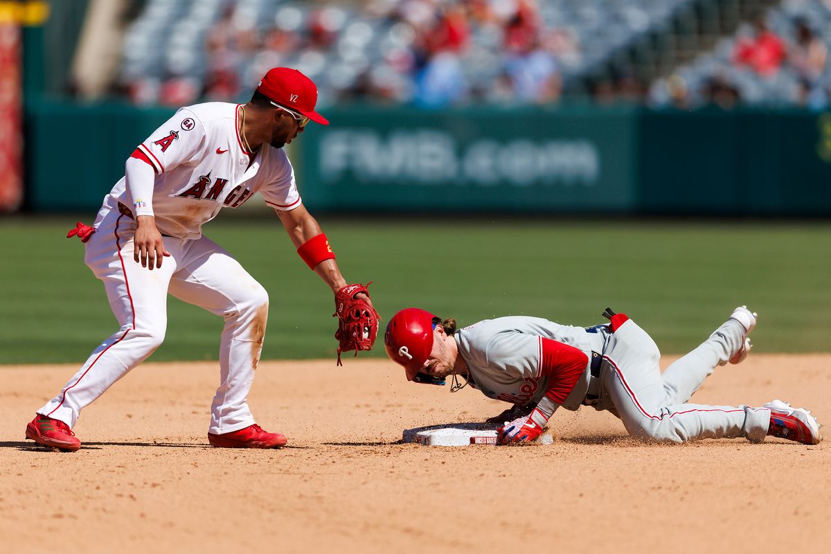 Oswald Peraza #2 of the Los Angeles Angels is late to tag at second base during the game against the Philadelphia Phillies at Angel Stadium of Anaheim on August 30, 2026 in Anaheim, California. Oswald Peraza #2 of the Los Angeles Angels is late to tag at second base during the game against the Philadelphia Phillies at Angel Stadium of Anaheim on August 30, 2026 in Anaheim, California.
