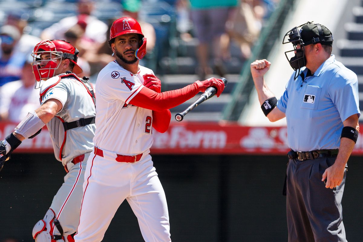 Jose Siri #28 of the Los Angeles Angels reacts after striking out during the game against the Philadelphia Phillies at Angel Stadium of Anaheim on August 30, 2026 in Anaheim, California.
