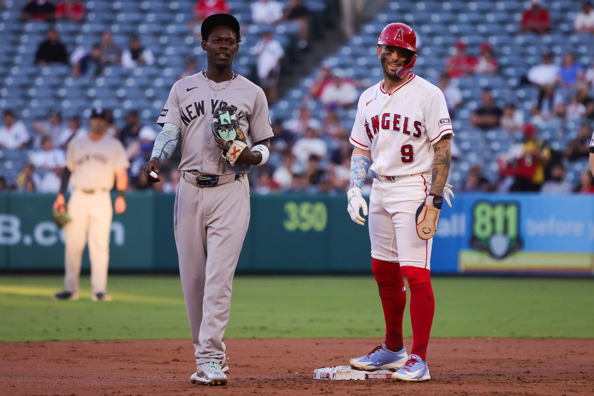 Los Angeles Angels infielder Zach Neto (9) smiles with New York Yankees infielder Jazz Chisholm Jr. (13) during the MLB game Tuesday September 1st, 2026 at Angel Stadium in Anaheim, Calif. Los Angeles Angels infielder Zach Neto (9) smiles with New York Yankees infielder Jazz Chisholm Jr. (13) during the MLB game Tuesday September 1st, 2026 at Angel Stadium in Anaheim, Calif.