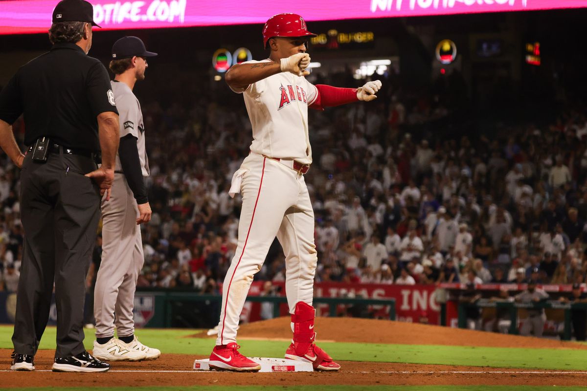 Los Angeles Angels infielder Christian Moore (4) celebrates after hitting a triple during the MLB game against the New York Yankees Tuesday September 1st, 2026 at Angel Stadium in Anaheim, Calif. Los Angeles Angels infielder Christian Moore (4) celebrates after hitting a triple during the MLB game against the New York Yankees Tuesday September 1st, 2026 at Angel Stadium in Anaheim, Calif.