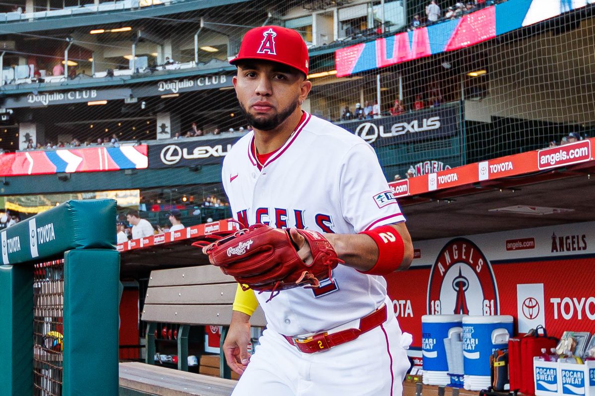 Oswald Peraza #2 of the Los Angeles Angels points to the camera before an MLB game against the New York Yankees on September 2, 2026 at Angel Stadium in Anaheim, California.