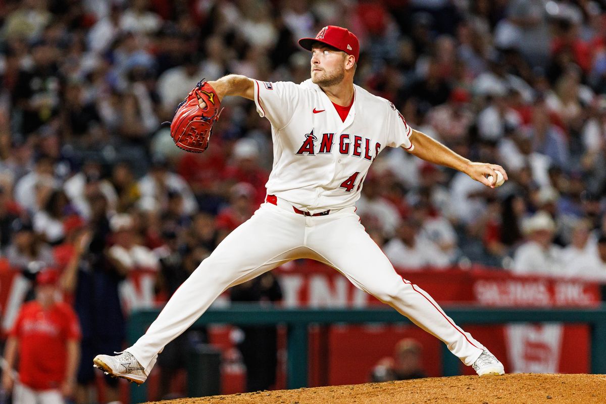 Reid Detmers #48 of the Los Angeles Angels throws a pitch during an MLB game against the New York Yankees on September 2, 2026 at Angel Stadium in Anaheim, California.
