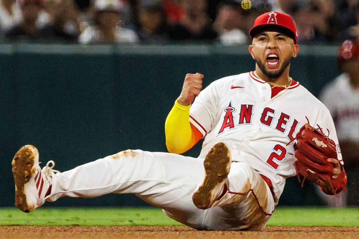 Oswald Peraza #2 of the Los Angeles Angels reacts after throwing out Paul Goldshmidt #48 of the New York Yankees during an MLB game against the New York Yankees on September 2, 2026 at Angel Stadium in Anaheim, California.