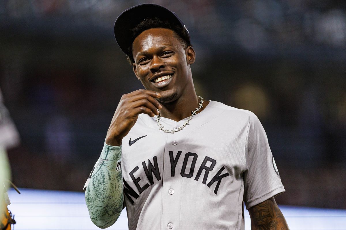Jazz Chisholm Jr. #13 New York Yankees reacts during an MLB game against the Los Angeles Angels on September 2, 2026 at Angel Stadium in Anaheim, California.
