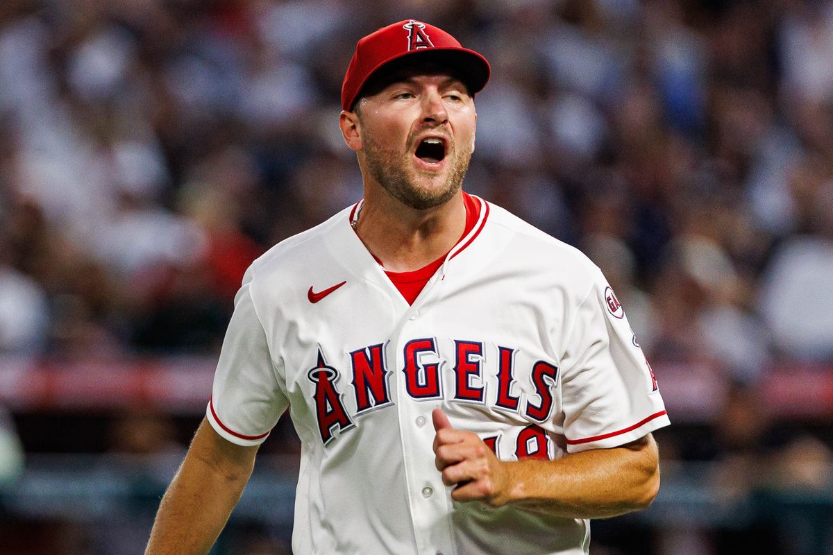 Reid Detmers #48 of the Los Angels Angels reacts during an MLB game against the New York Yankees on September 2, 2026 at Angel Stadium in Anaheim, California.
