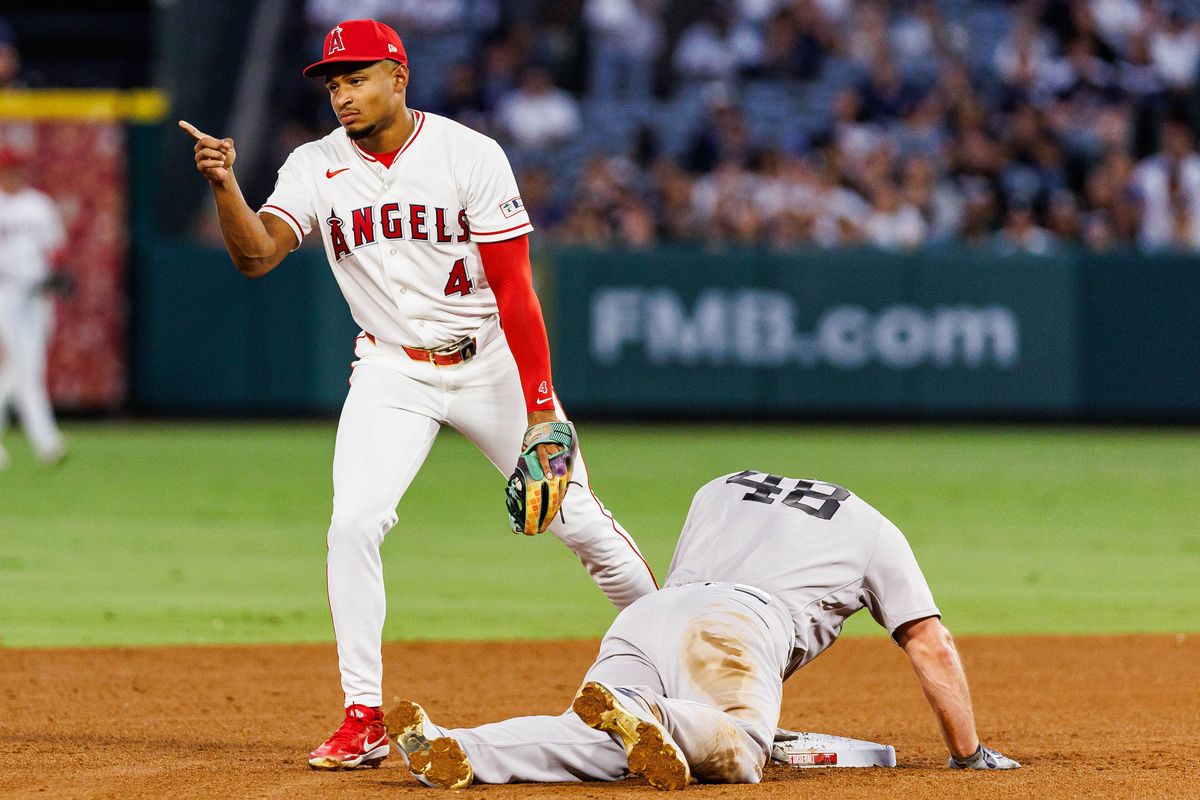 Christian Moore #4 of the Los Angeles Angels reacts after a double play during an MLB game against the New York Yankees on September 2, 2026 at Angel Stadium in Anaheim, California.