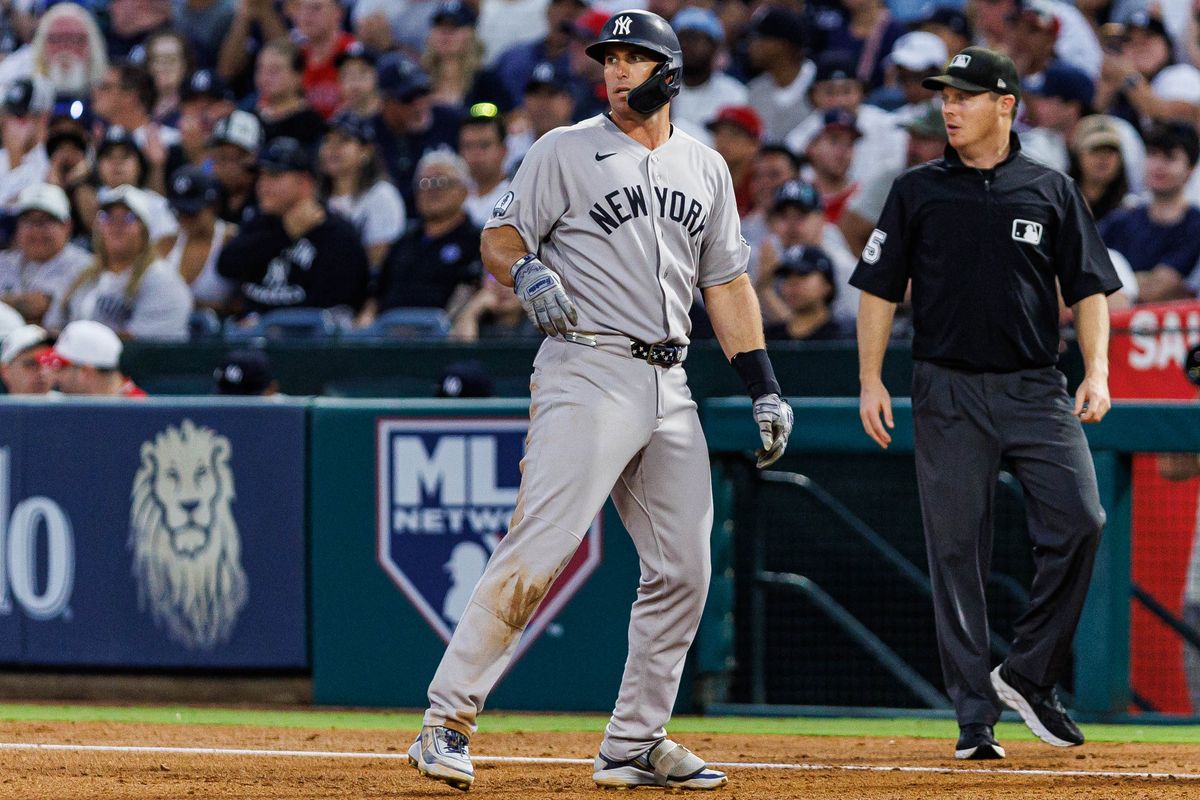 Paul Goldshmidt #48 of the New York Yankees reaches first base during an MLB game against the Los Angeles Angels on September 2, 2026 at Angel Stadium in Anaheim, California.