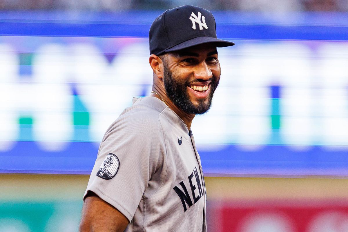 Amed Rosario #14 of the New York Yankees reacts during an MLB game against the Los Angeles Angels on September 2, 2026 at Angel Stadium in Anaheim, California.