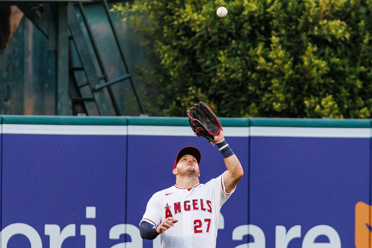 Mike Trout #27 of the Los Angeles Angels catches a fly ball during an MLB game against the New York Yankees on September 2, 2026 at Angel Stadium in Anaheim, California.