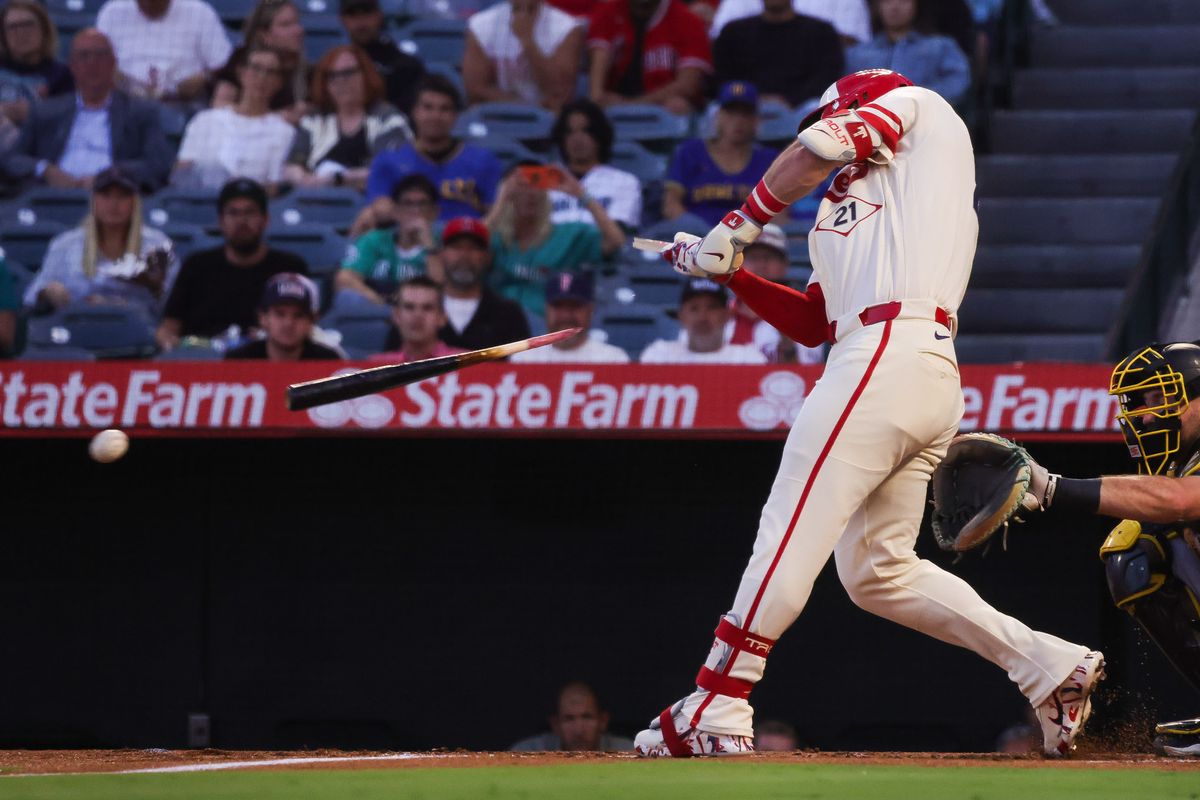 Los Angeles Angels outfielder Mike Trout wearing #21 in honor of Roberto Clemente breaks his bat during the MLB game against the Seattle Mariners Tuesday September 15th, 2026 at Angel Stadium in Anaheim, Calif. Los Angeles Angels outfielder Mike Trout wearing #21 in honor of Roberto Clemente breaks his bat during the MLB game against the Seattle Mariners Tuesday September 15th, 2026 at Angel Stadium in Anaheim, Calif.
