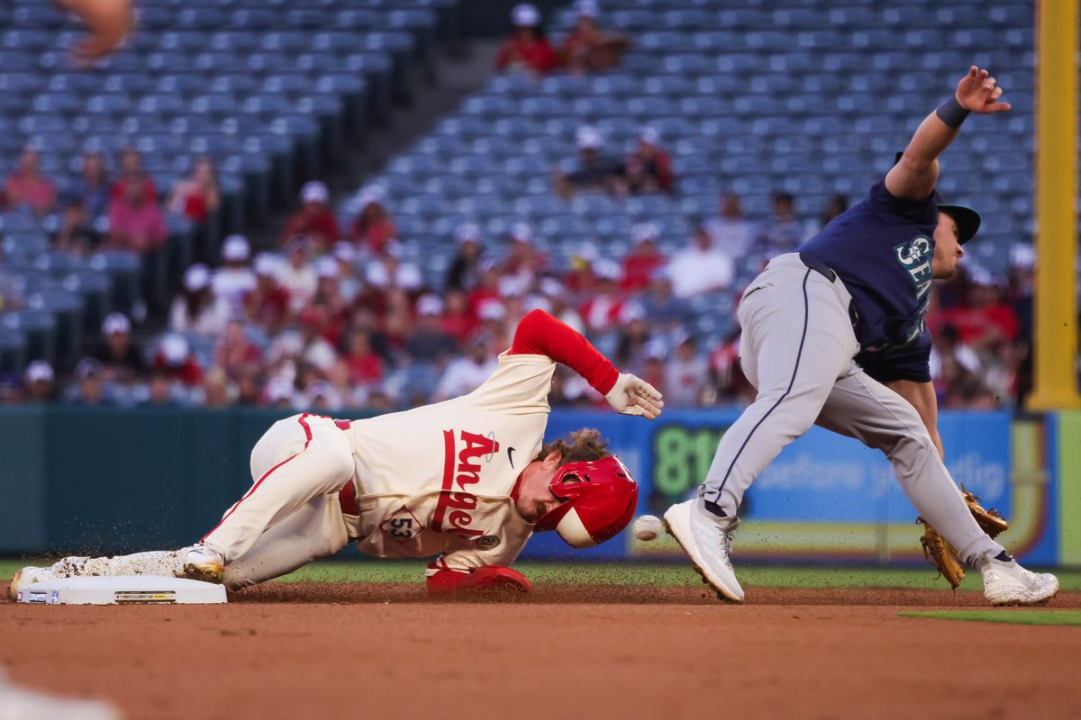 Los Angeles Angels outfielder Wade Meckler (53) slides to second base during the MLB game against the Seattle Mariners Tuesday September 15th, 2026 at Angel Stadium in Anaheim, Calif. Los Angeles Angels outfielder Wade Meckler (53) slides to second base during the MLB game against the Seattle Mariners Tuesday September 15th, 2026 at Angel Stadium in Anaheim, Calif.