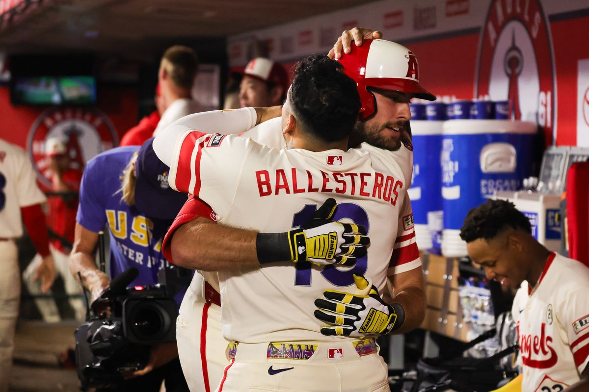 Los Angeles Angels outfielder Josh Lowe (3) hugs Moisés Ballesteros (13) in the dugout after hitting a home run during the MLB game against the Seattle Mariners Tuesday September 15th, 2026 at Angel Stadium in Anaheim, Calif. Los Angeles Angels outfielder Josh Lowe (3) hugs Moisés Ballesteros (13) in the dugout after hitting a home run during the MLB game against the Seattle Mariners Tuesday September 15th, 2026 at Angel Stadium in Anaheim, Calif.