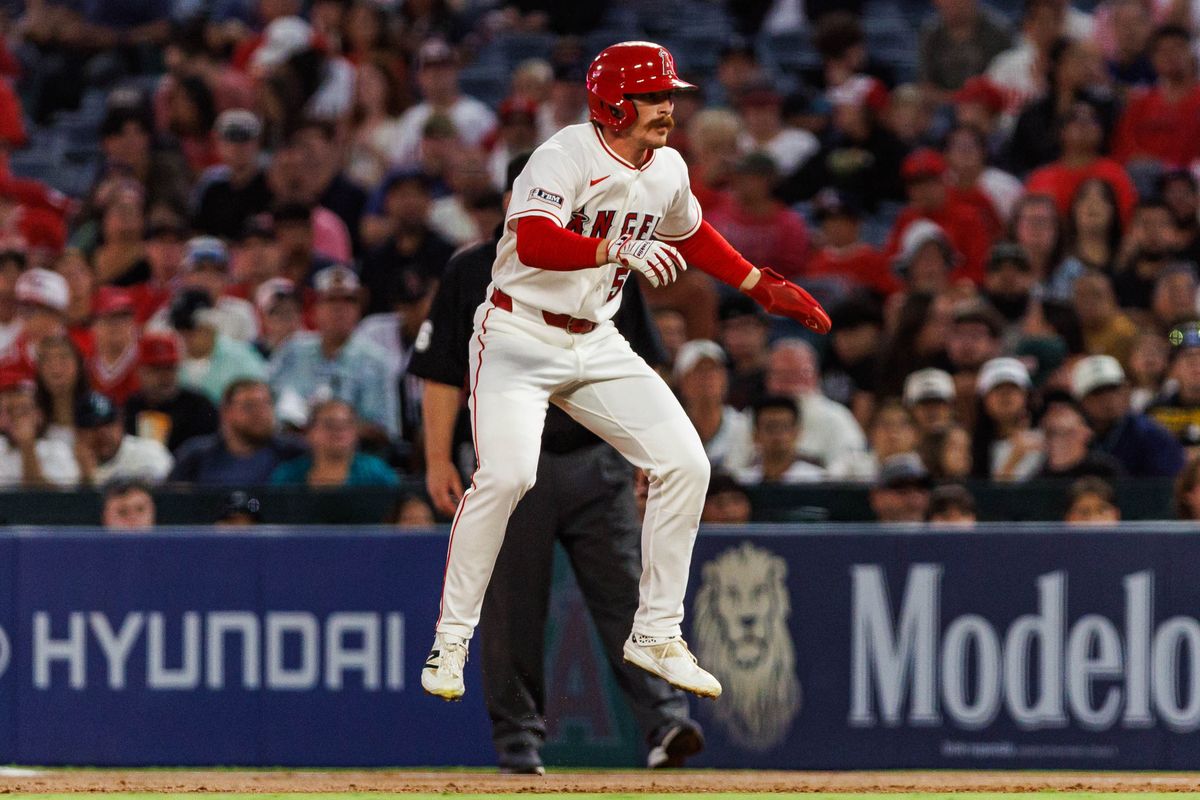 Wade Meckler #53 of the Los Angeles Angels jumps during an MLB game against the Seattle Mariners on September 16, 2026 at Angel Stadium in Anaheim, California. Wade Meckler #53 of the Los Angeles Angels jumps during an MLB game against the Seattle Mariners on September 16, 2026 at Angel Stadium in Anaheim, California.