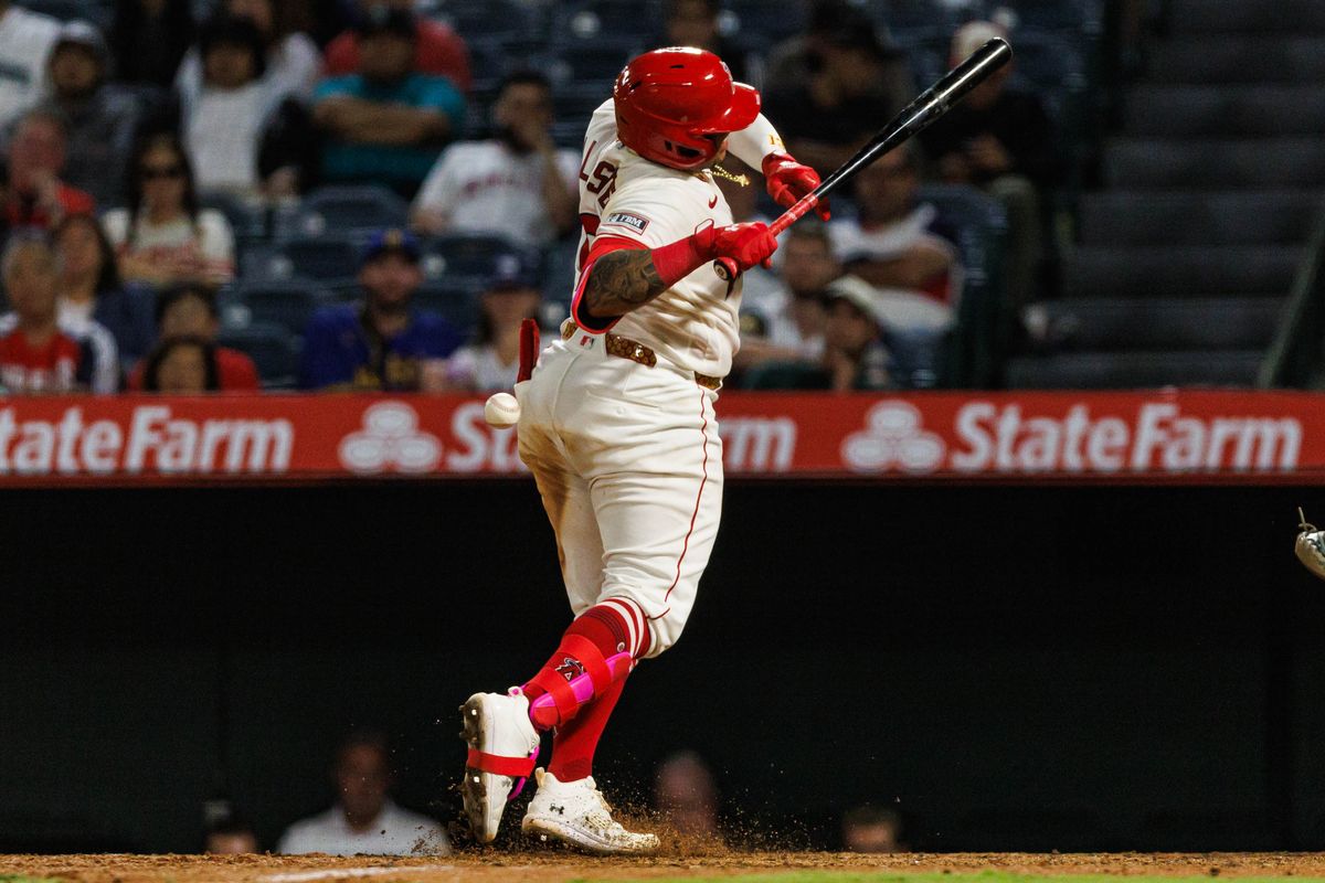 Moisés Ballesteros #13 of the Los Angeles Angels is hit by a pitch during an MLB game against the Seattle Mariners on September 16, 2026 at Angel Stadium in Anaheim, California. Moisés Ballesteros #13 of the Los Angeles Angels is hit by a pitch during an MLB game against the Seattle Mariners on September 16, 2026 at Angel Stadium in Anaheim, California.