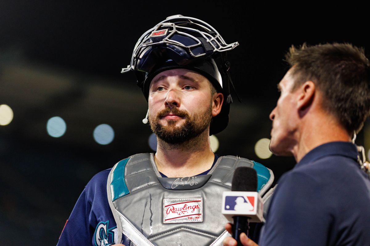 Cal Raleigh #29 of the Seattle Mariners is interviewed after an MLB game against the Los Angeles Angels on September 16, 2026 at Angel Stadium in Anaheim, California. Cal Raleigh #29 of the Seattle Mariners is interviewed after an MLB game against the Los Angeles Angels on September 16, 2026 at Angel Stadium in Anaheim, California.