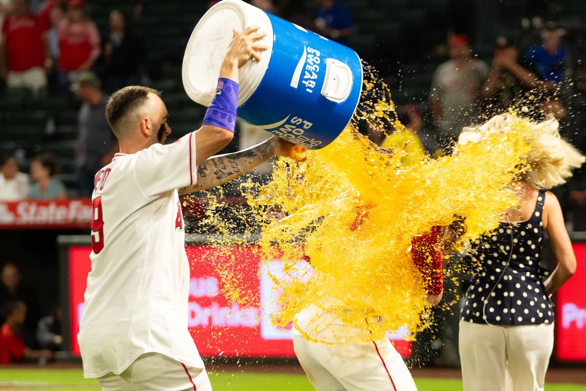 Los Angeles Angels infielder Zach Neto(9) dumps a cooler on Wade Meckler (53)during an MLB game against the Minnesota Twins on Thursday September 17th, 2026 at Angel's Stadium in Anaheim, Calif. Los Angeles Angels infielder Zach Neto(9) dumps a cooler on Wade Meckler (53)during an MLB game against the Minnesota Twins on Thursday September 17th, 2026 at Angel's Stadium in Anaheim, Calif.