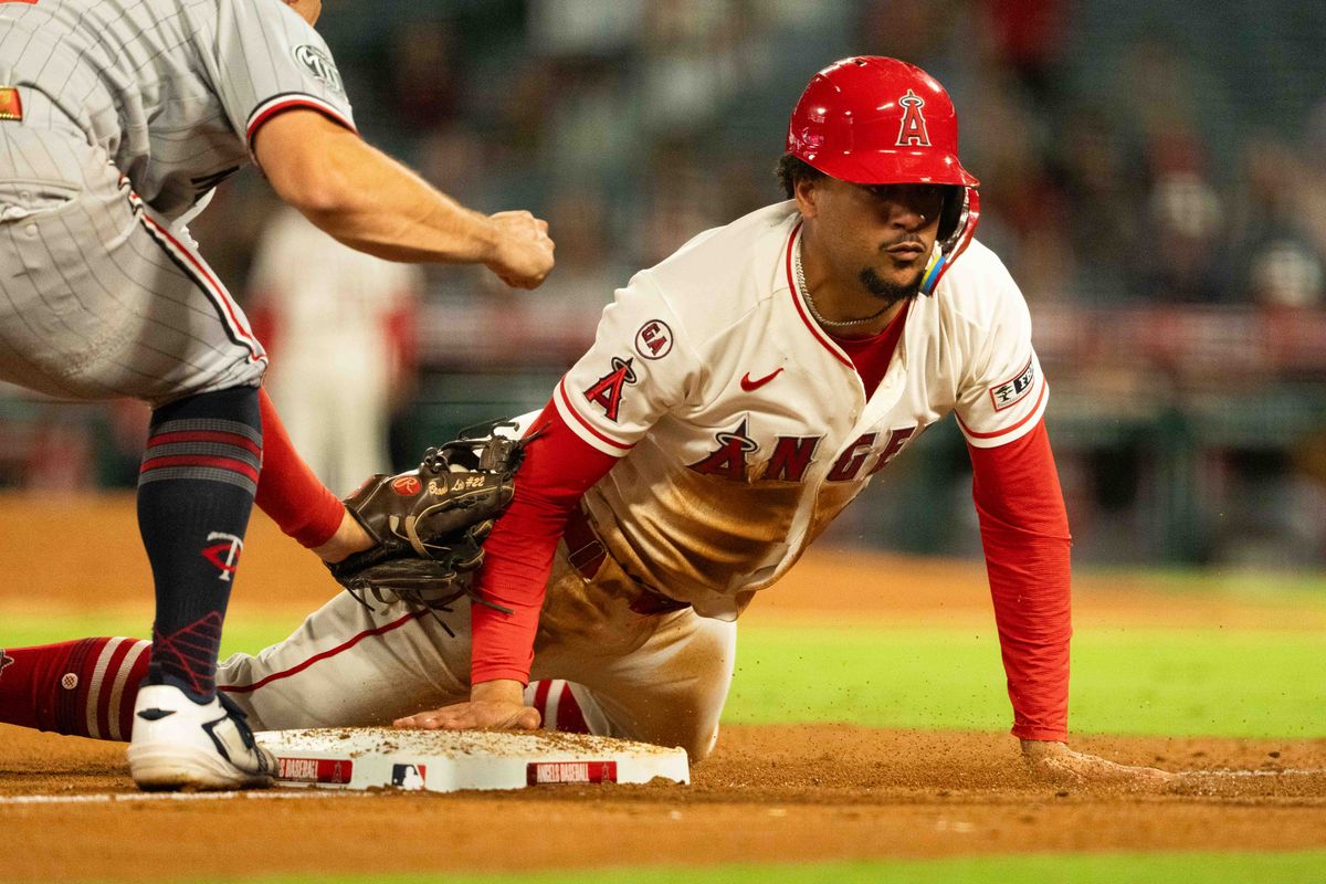 Los Angeles Angels outfielder Jose Siri (28) dives for a base during an MLB game against the Minnesota Twins on Thursday September 17th, 2026 at Angel's Stadium in Anaheim, Calif. Los Angeles Angels outfielder Jose Siri (28) dives for a base during an MLB game against the Minnesota Twins on Thursday September 17th, 2026 at Angel's Stadium in Anaheim, Calif.