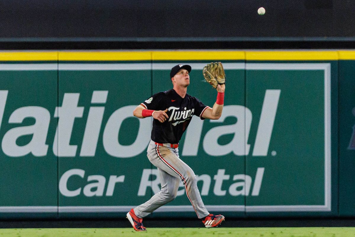 Walker Jenkins #1 of the Minnesota Twins catches a fly ball during an MLB game against the Los Angeles Angels on September 18, 2026 at Angel Stadium in Anaheim, California. Walker Jenkins #1 of the Minnesota Twins catches a fly ball during an MLB game against the Los Angeles Angels on September 18, 2026 at Angel Stadium in Anaheim, California.