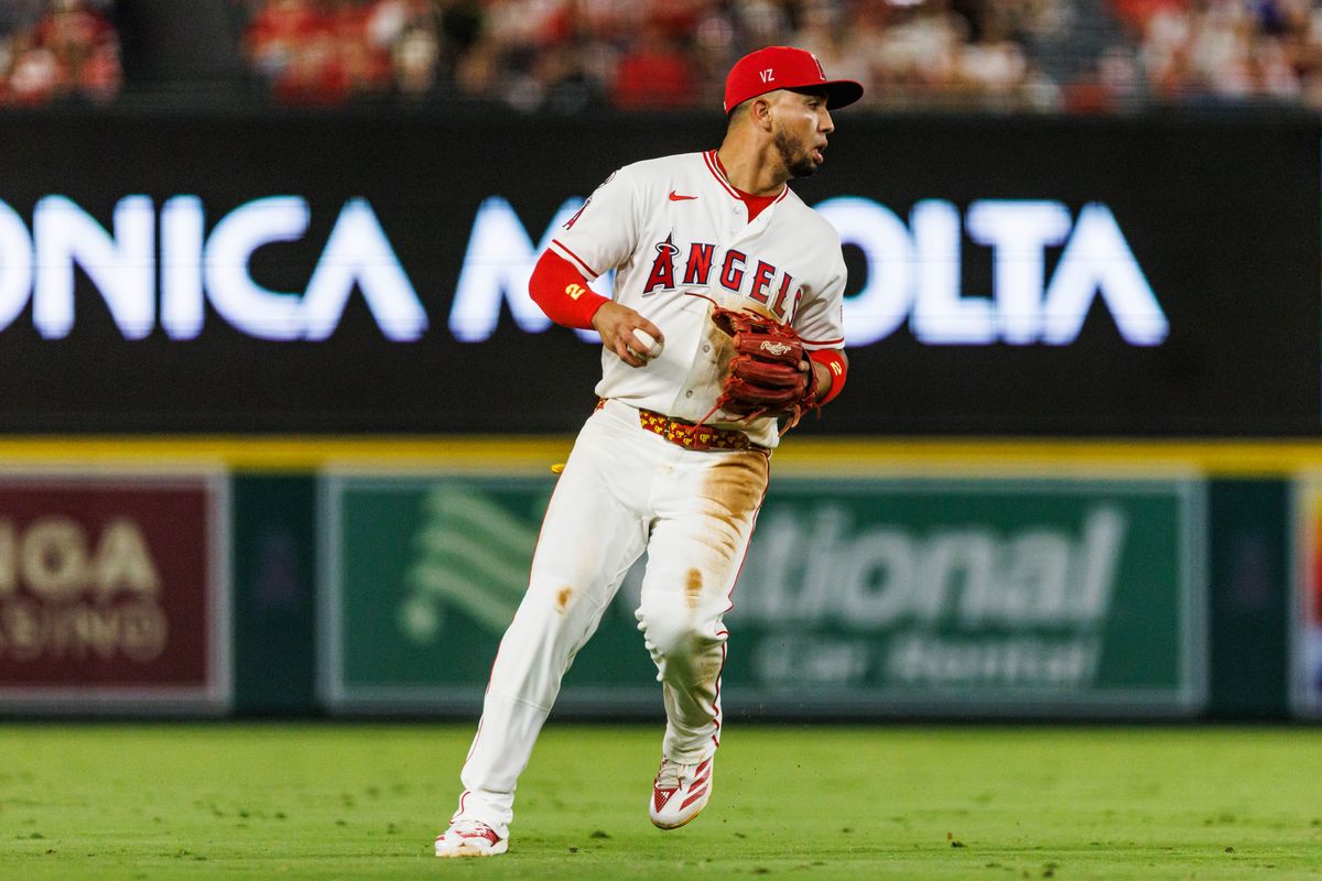 Oswald Peraza #2 of the Los Angeles Angels holds the ball during an MLB game against the Minnesota Twins on September 18, 2026 at Angel Stadium in Anaheim, California. Oswald Peraza #2 of the Los Angeles Angels holds the ball during an MLB game against the Minnesota Twins on September 18, 2026 at Angel Stadium in Anaheim, California.