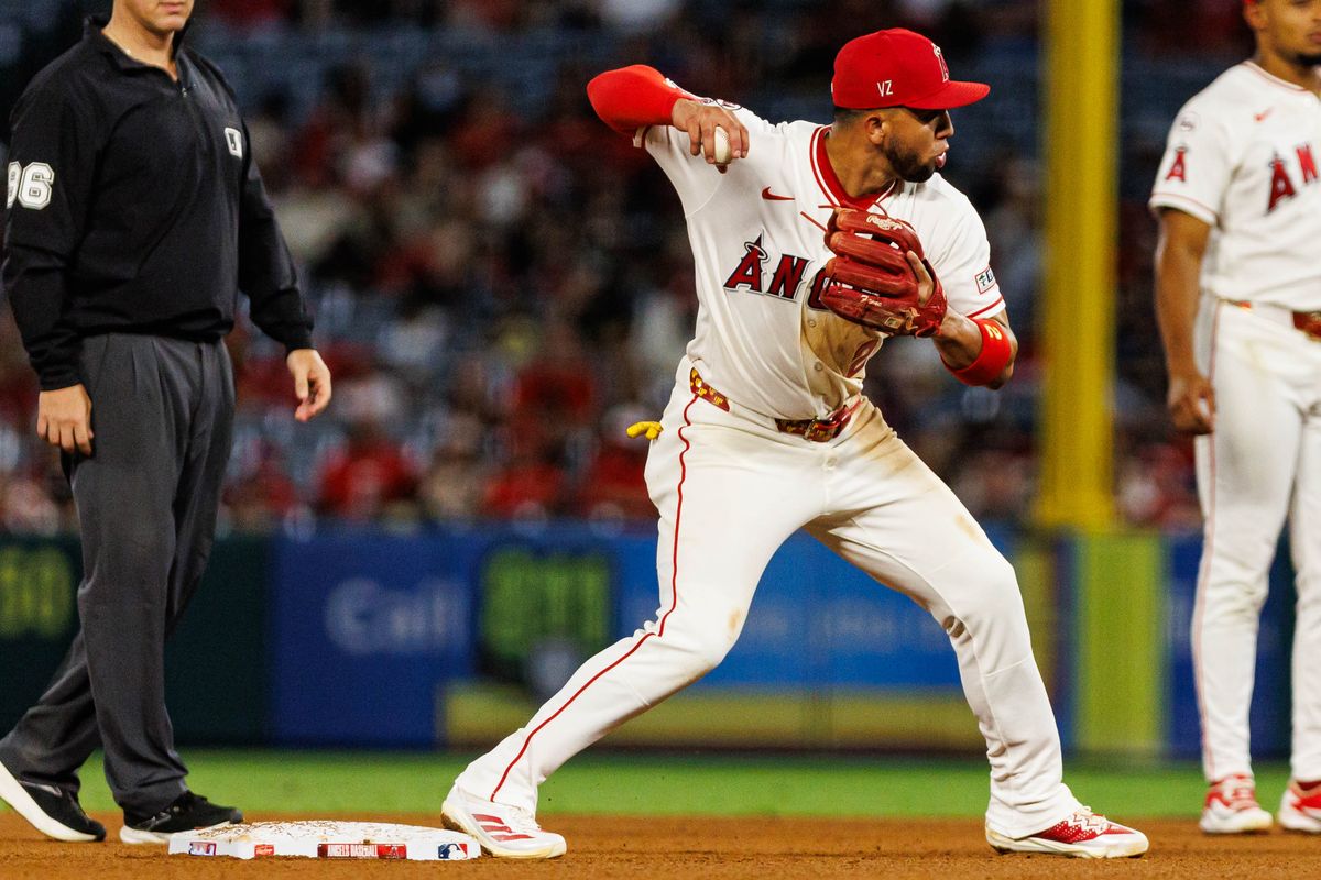 Oswald Peraza #2 of the Los Angeles Angels throws the ball to first base during an MLB game against the Minnesota Twins on September 18, 2026 at Angel Stadium in Anaheim, California. Oswald Peraza #2 of the Los Angeles Angels throws the ball to first base during an MLB game against the Minnesota Twins on September 18, 2026 at Angel Stadium in Anaheim, California.