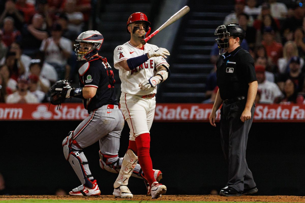 Zach Neto #9 of the Los Angeles Angels throws his bat after a walk during an MLB game against the Minnesota Twins on September 18, 2026 at Angel Stadium in Anaheim, California. Zach Neto #9 of the Los Angeles Angels throws his bat after a walk during an MLB game against the Minnesota Twins on September 18, 2026 at Angel Stadium in Anaheim, California.