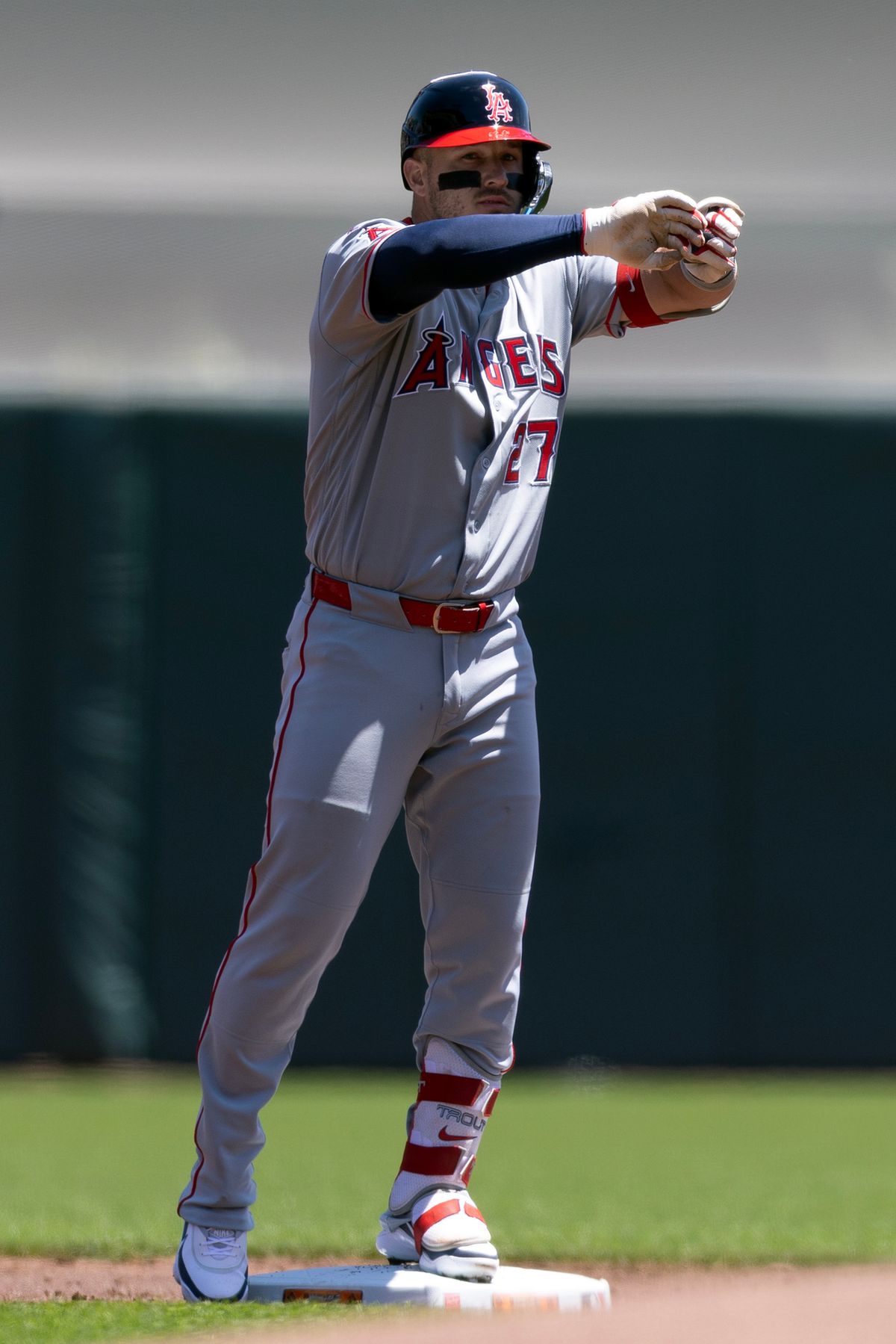 Jul 26, 2026; San Francisco, California, USA; Los Angeles Angels center fielder Mike Trout (27) celebrates his double against the San Francisco Giants during the first inning at Oracle Park. Mandatory Credit: D. Ross Cameron-Imagn Images Jul 26, 2026; San Francisco, California, USA; Los Angeles Angels center fielder Mike Trout (27) celebrates his double against the San Francisco Giants during the first inning at Oracle Park. Mandatory Credit: D. Ross Cameron-Imagn Images