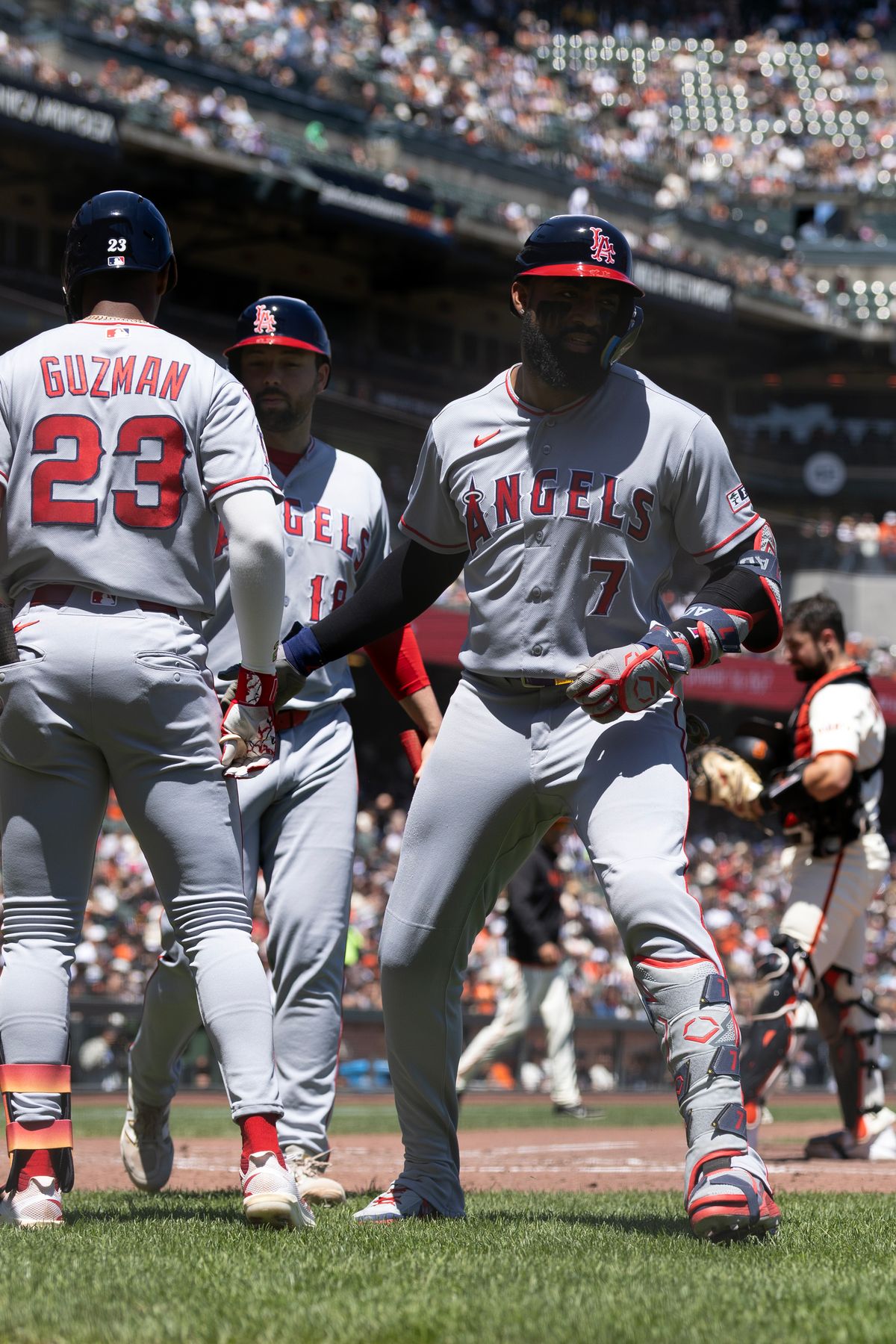Jul 26, 2026; San Francisco, California, USA; Los Angeles Angels right fielder Jo Adell (7) celebrates his two-run home run against the San Francisco Giants during the fourth inning at Oracle Park. Mandatory Credit: D. Ross Cameron-Imagn Images Jul 26, 2026; San Francisco, California, USA; Los Angeles Angels right fielder Jo Adell (7) celebrates his two-run home run against the San Francisco Giants during the fourth inning at Oracle Park. Mandatory Credit: D. Ross Cameron-Imagn Images