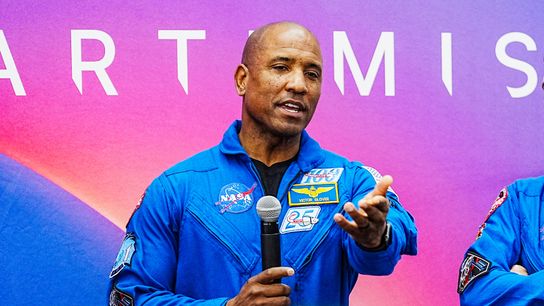 Artemis II astronaut Capt. Victor Glover throws out first pitch at the Big A taken at Angel Stadium (Los Angeles Angels). Photo by Craig Bailey/FLORIDA TODAY via USA TODAY NETWORK